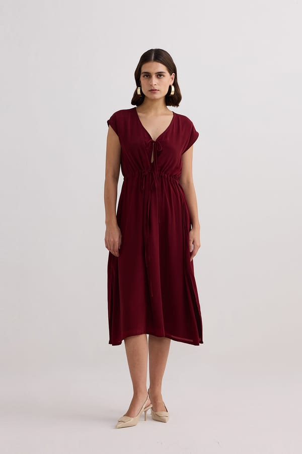 Deep V-Neck Gathered Dress — REISTOR