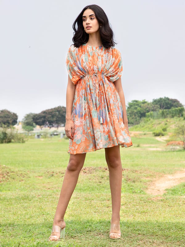 Orange Floral Pleated Kaftan Mini Dress — Houseofsoi