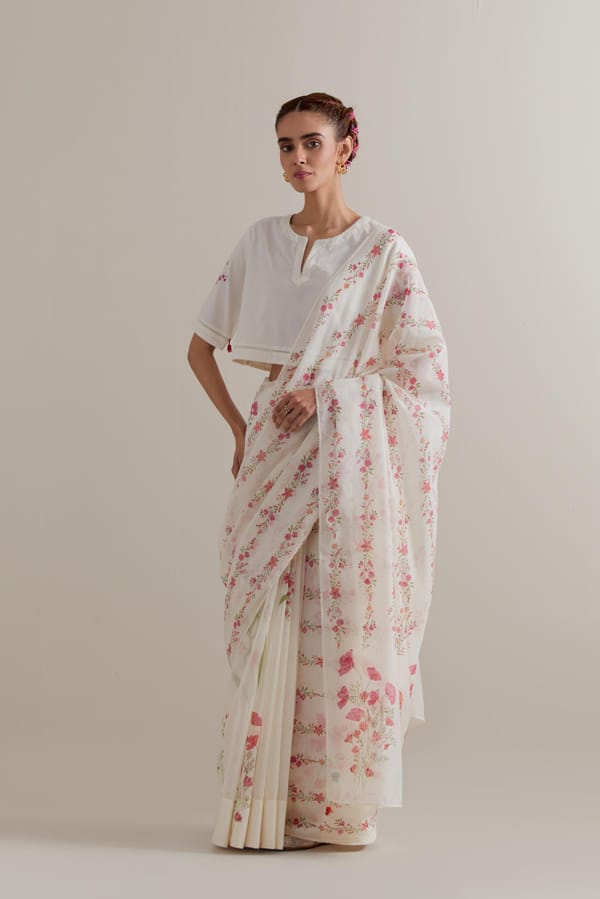 Off-White Floral Block Print Cotton Chanderi Saree — Upavita
