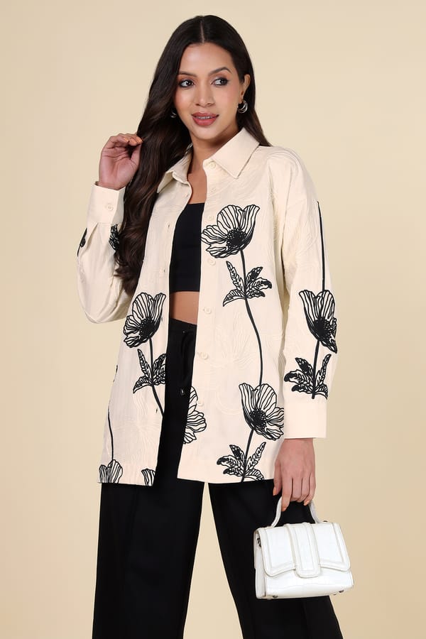 Natural Ivory Monochrome Floral Longline Cotton Shirt — AYRISS