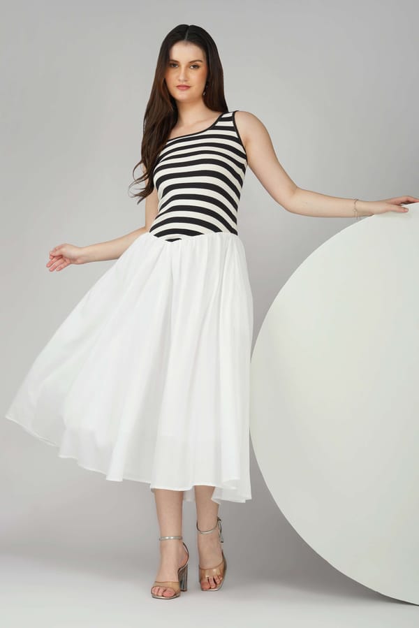 Black and White Striped Bodice Fit and Flare Maxi Dress — The Clothing Factory