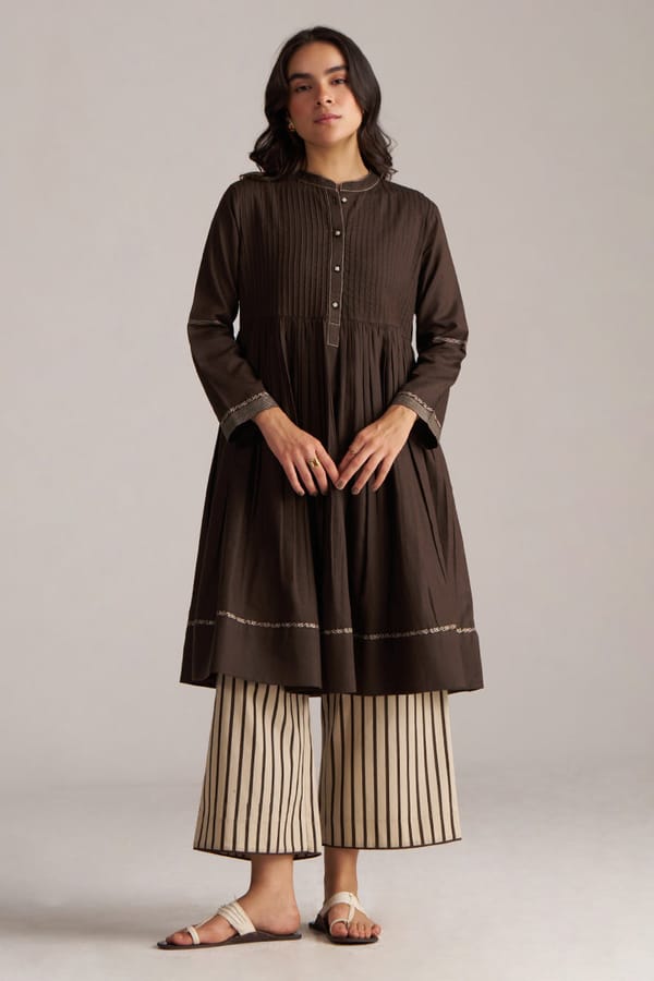 Chocolate Brown Kurta and Beige Striped Pants Co-ord Set — Ganga Fashions Pvt Ltd