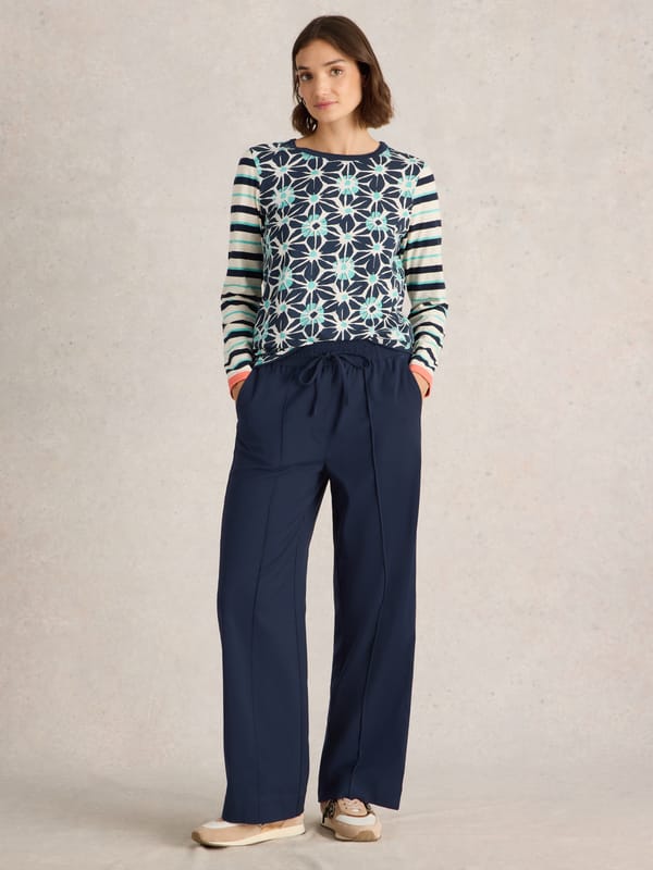 Dark Navy Wide-Leg Drawstring Waist Trousers — White Stuff