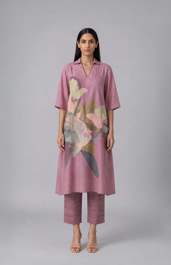 Almond Pink Printed Korean Linen Kurta Set with Pants — CLOS