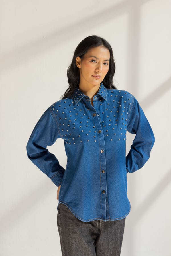 Blue Studded Denim Snap-Button Shirt — Designs by Queen Bee