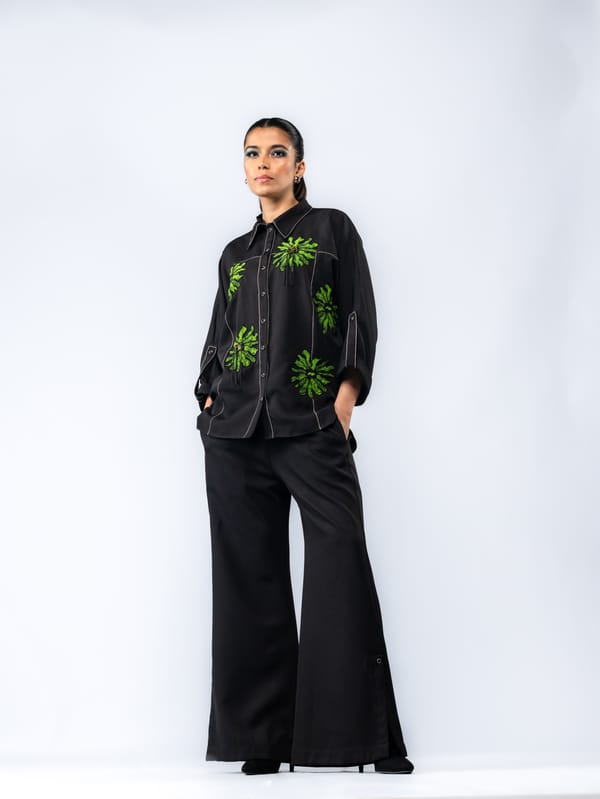 Black Embroidered Shirt and Wide-Leg Pant Co-ord Set — Ang-sa