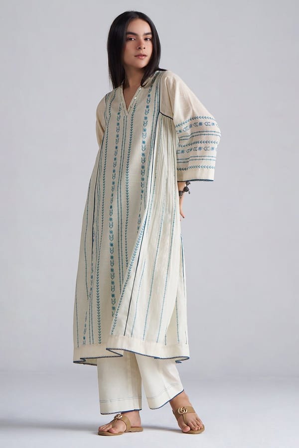 Ivory and Blue Printed A-Line Kurta Set with Pants — Ganga Fashions Pvt Ltd