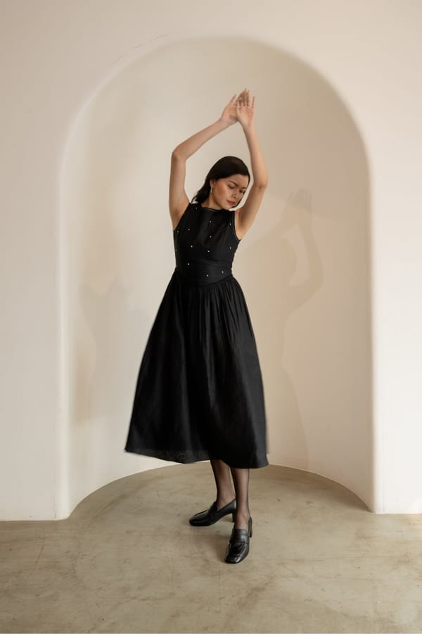 Ebony Black Boat Neck Fit and Flare Midi Dress — ALTER NATIVE