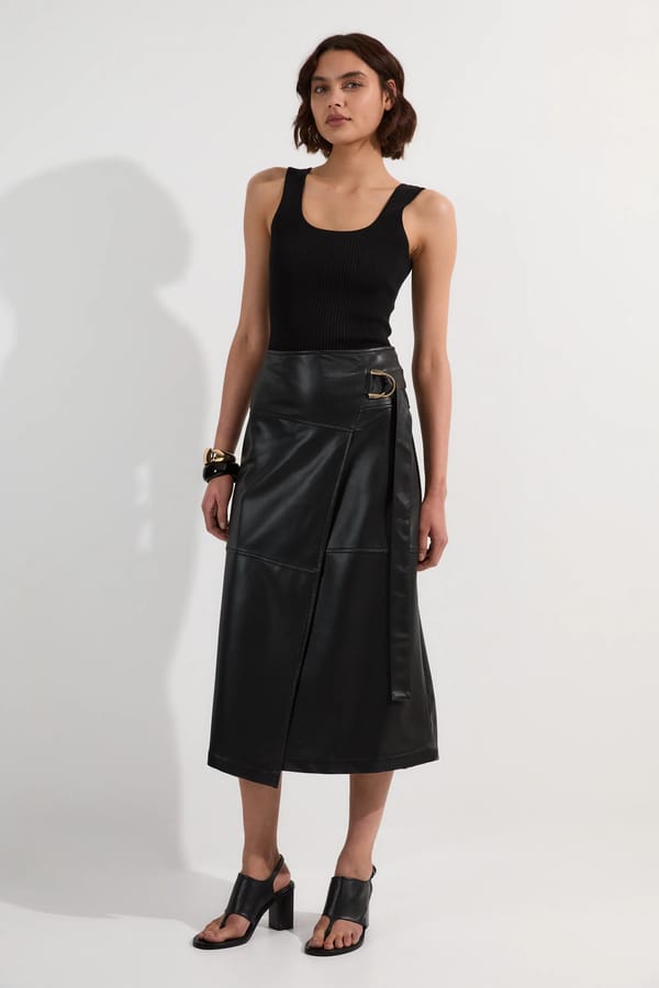 Black Faux Leather Wrap Midi Skirt with Buckle Detail — KAREN MILLEN