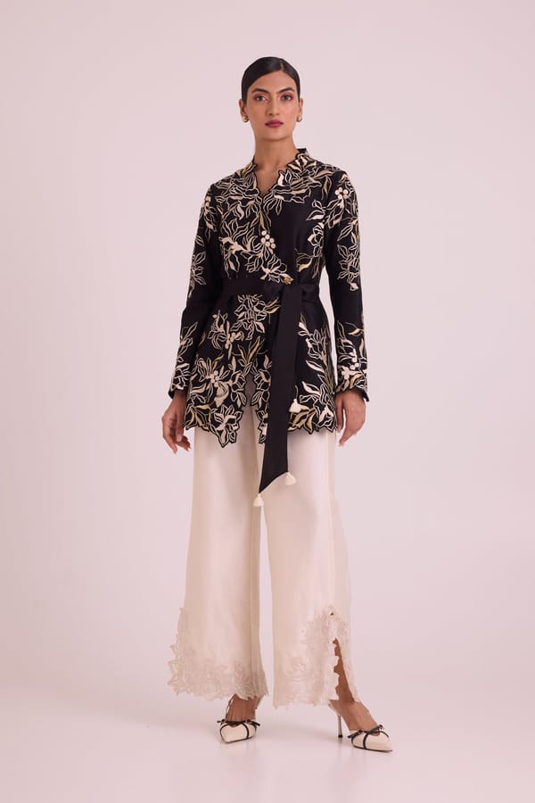 Black Wrap Blazer and Ivory Wide-Leg Pants Co-ord Set — Madder Much