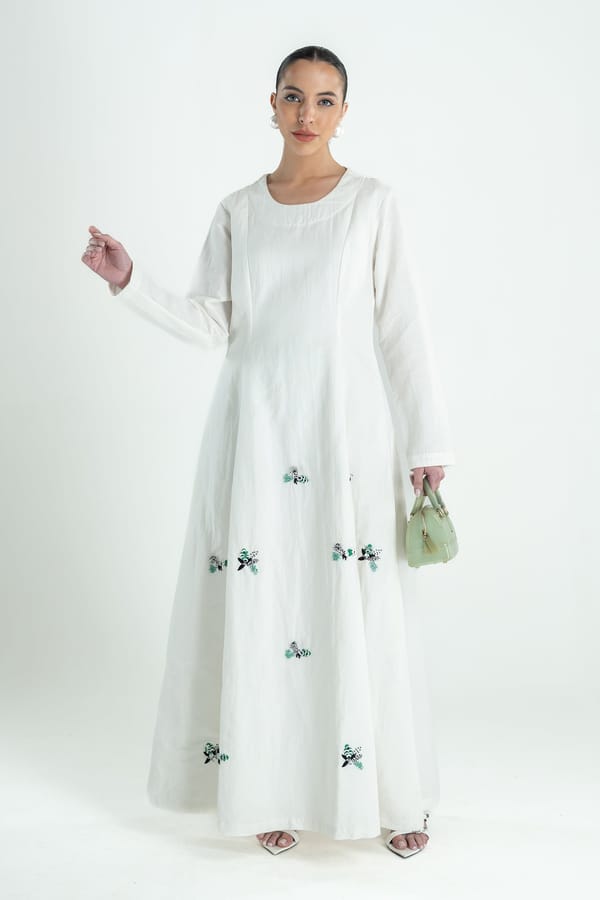 White Cotton-Linen A-Line Maxi Dress with Embroidery — Our Love