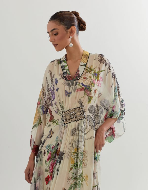 Ivory Botanical Printed Georgette Kaftan — Kavita Bhartia