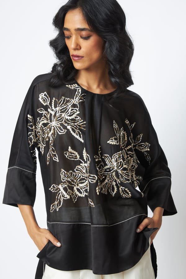 Black Sheer Floral Embellished Round Neck Top — Madder Much