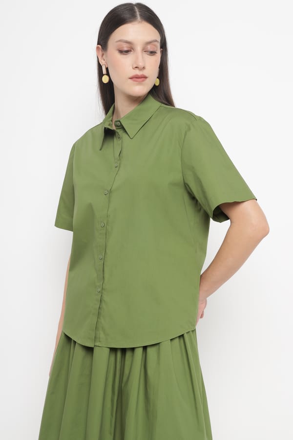 Olive Green Button-Down Shirt with Half Sleeves — SILVIAN HEACH