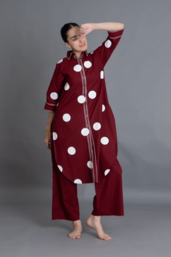 Crimson Embroidered Polka Shirt Co-ord — Khat