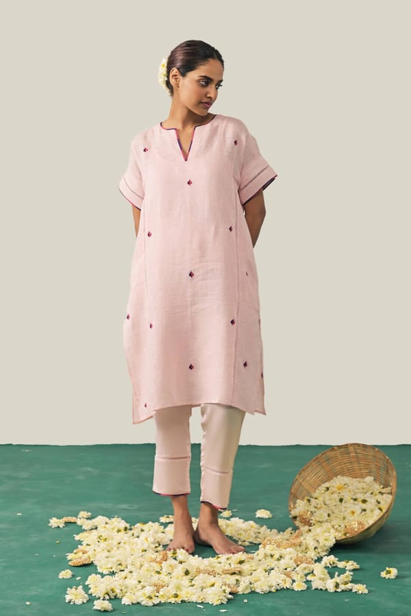 Baby Pink Gauze Linen Kurta Set with Spade Motifs — YELL