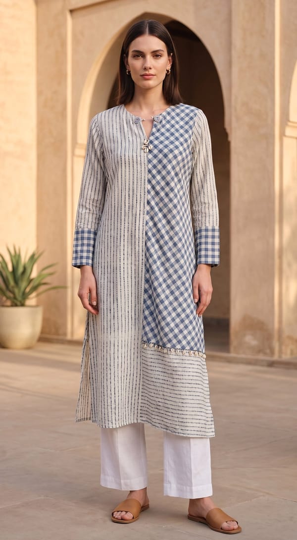Blue Linen Stripe and Check Straight Kurta — Basanti Kapde aur Koffee