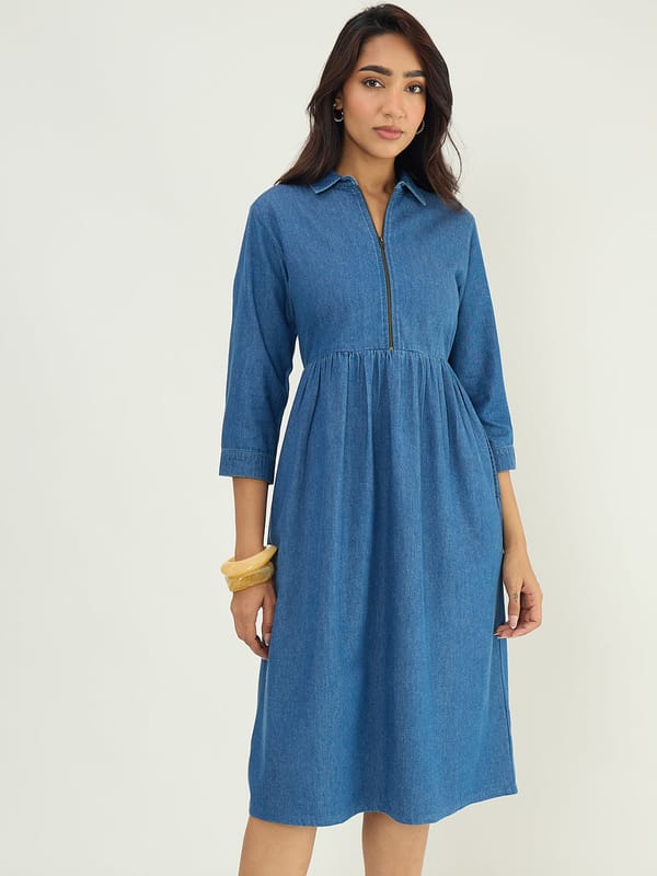 Mid Blue Zip-Front Denim Midi Dress with Shirt Collar — Femmella