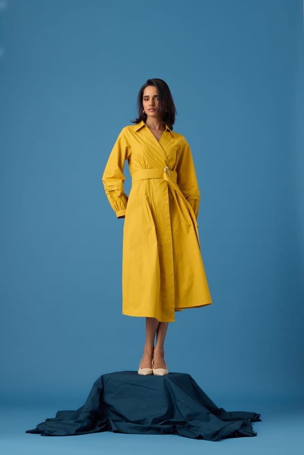Ochre Cotton Poplin Collared Wrap Midi Dress — 63East
