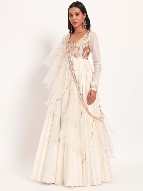 Ivory Chanderi Anarkali Kurta Set with Organza Dupatta — Gotta Kinari