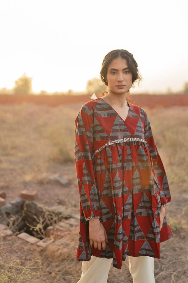 Red Cotton Block Print V-Neck Flowy Tunic Top — Vraj Bhoomi