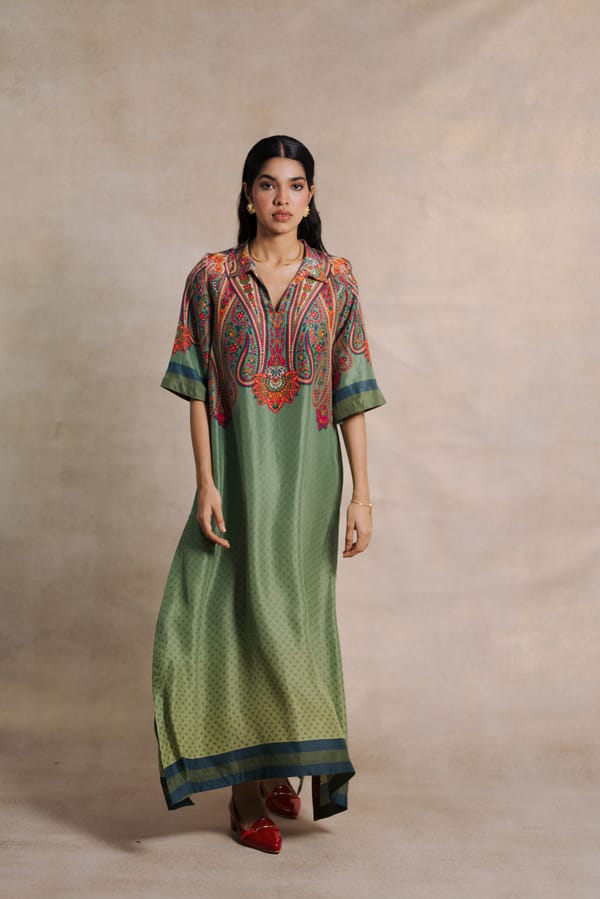 Green Printed Ombre Kaftan with Collared V-Neck — Moh India