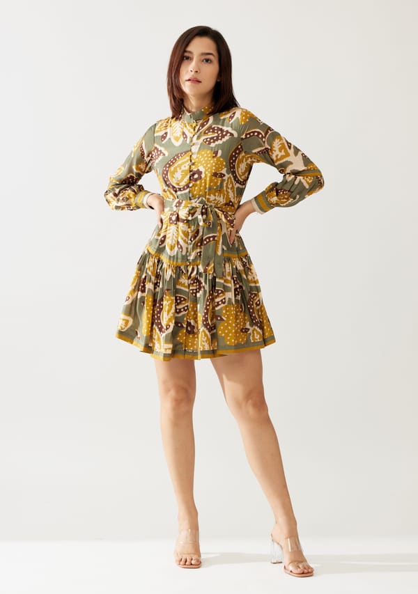 Olive And Mustard Floral Short Dress — KoAi