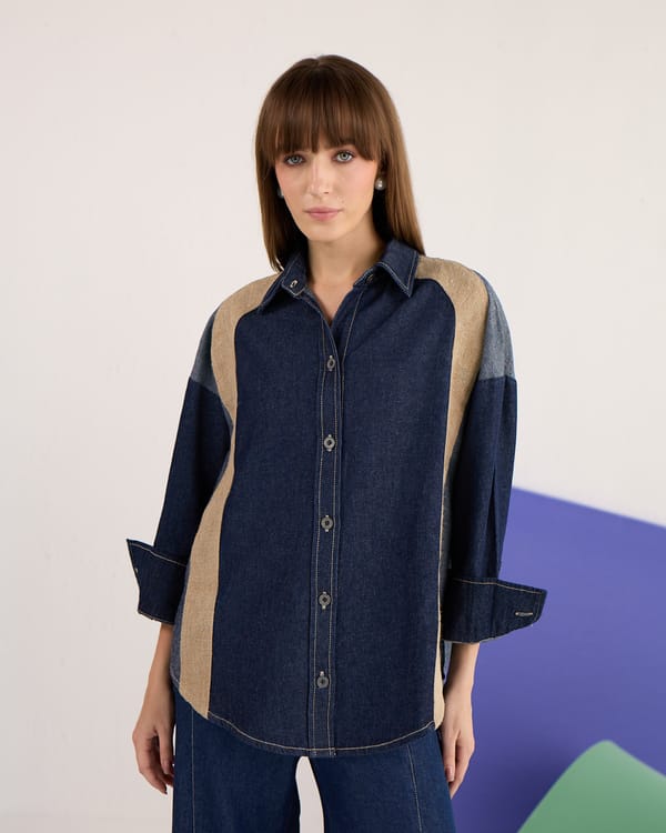 Blue Colorblocked Denim and Jute Relaxed-Fit Shirt — AUR