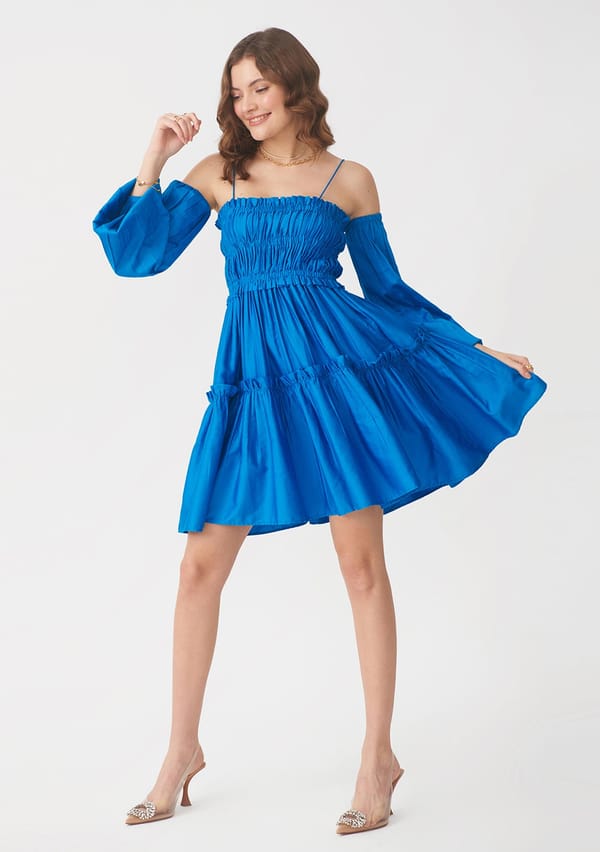 Blue Tiered Smocked Mini Dress with Detachable Sleeves — AMOSHI