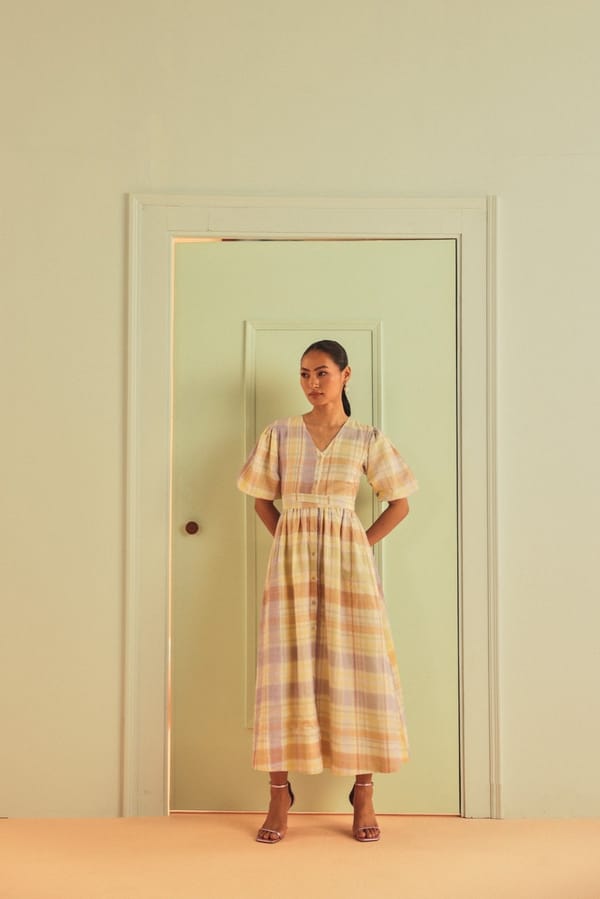 Pastel Plaid V-Neck Puff Sleeve Button-Front Midi Dress — Sage by Mala