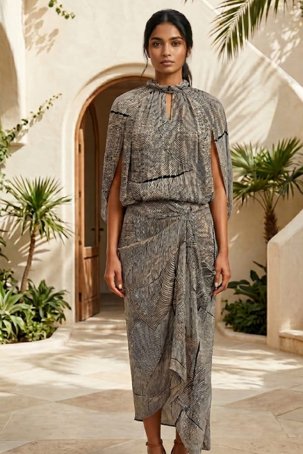 Black Abstract Draped Blouse and Wrap Midi Skirt Co-ord Set — BOHO-CHIC