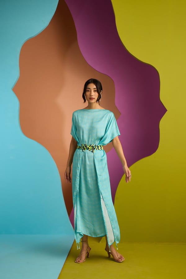 Aqua Blue Printed Maxi Kaftan Dress with Belt — CUIN