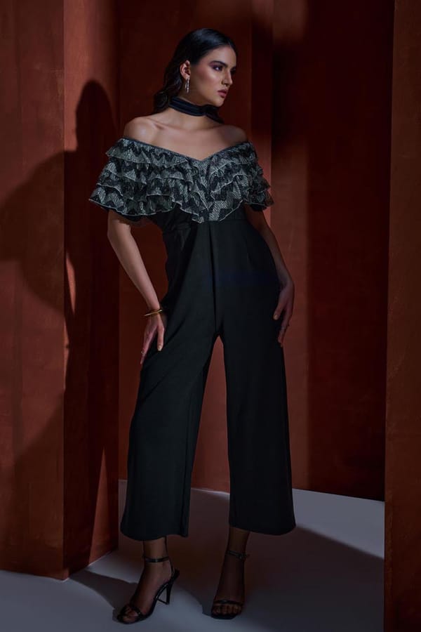 Black Off-Shoulder Metallic Ruffle Cropped Wide-Leg Jumpsuit — BOHO-CHIC