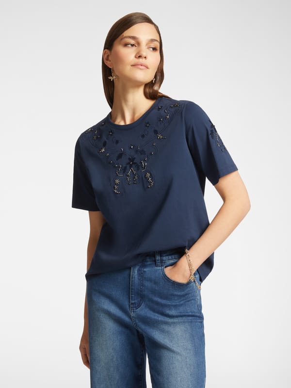 Blue Cotton Jersey Embroidered Crew-Neck T-Shirt — ELENA MIRO