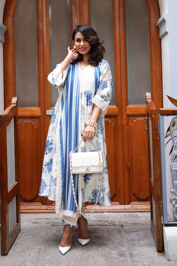 Floral Fantasy : Blue Floral & Stripe Anarkali Set — SHIVANI BHARGAVA