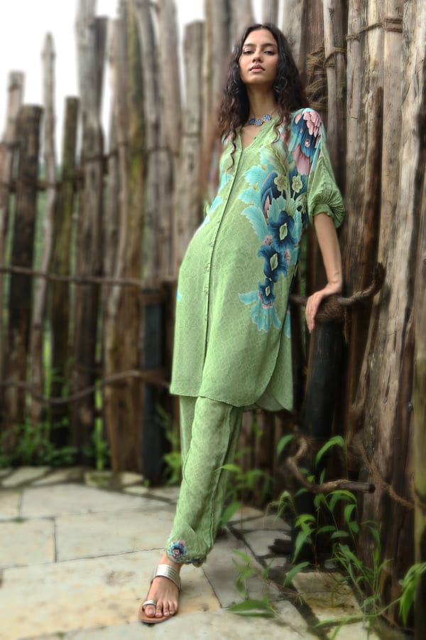 Mint Green Printed Kurta Set with Button-Down Kurta — Basil Leaf
