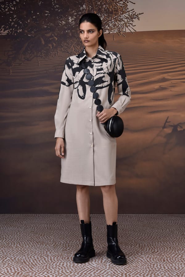 Beige Brushstroke Printed Shirt Dress — Genes Lecoanet Hemant