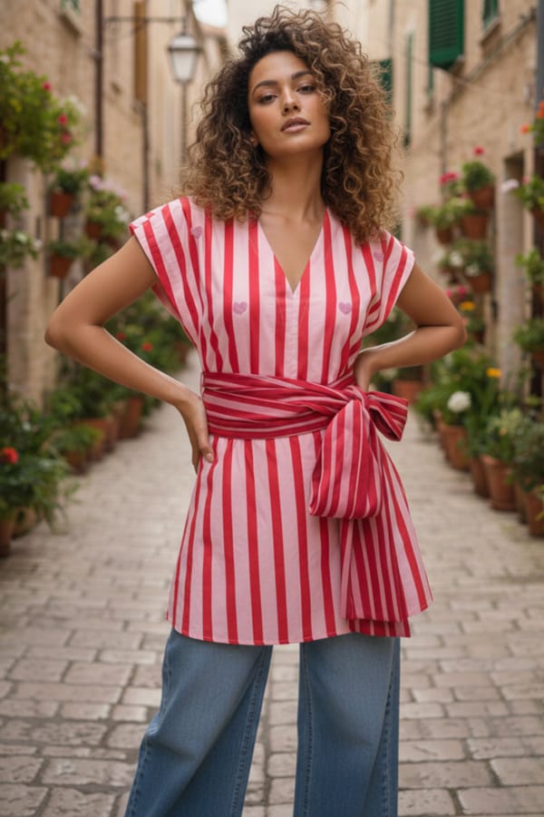 Red/Pink Striped Wrap-Sash Poplin Tunic Blouse — BOHO-CHIC