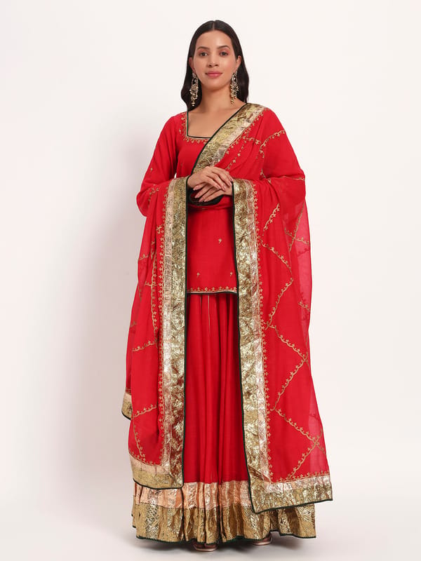 Red Mal Chanderi Kurta Set with Flared Skirt and Dupatta — Gotta Kinari
