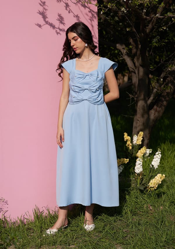 Powder Blue Fit and Flare Midi Dress with Pearl Bows — AMOSHI