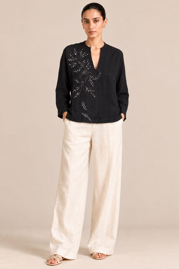 Noir Floral Embroidered Tunic — ANISETTE