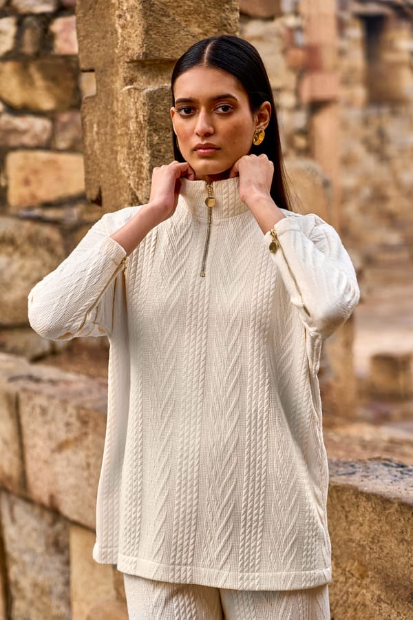 Ivory Cable-Knit High Neck Zip Top — Dash and Dot