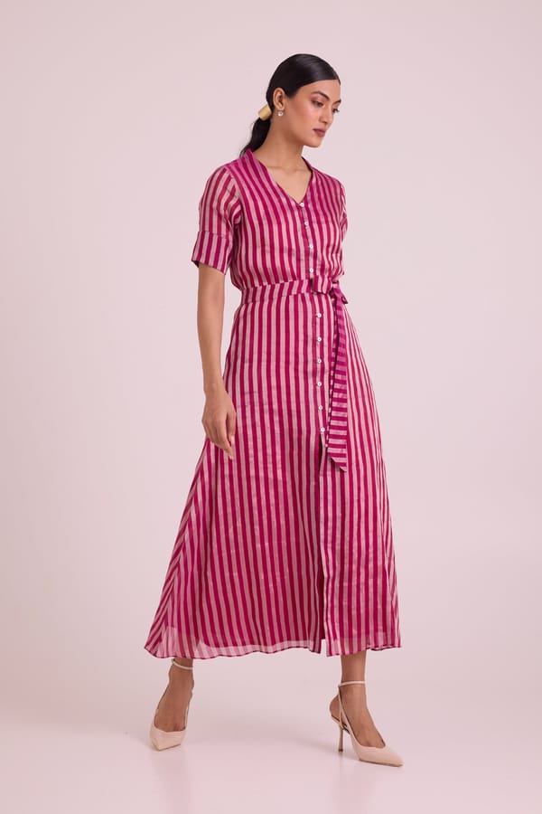Pink Striped Button-Down Midi Dress with Tie Belt — Madder Much