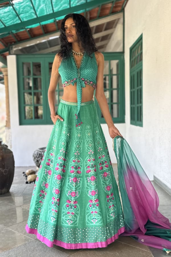 Aqua Printed Lehenga Set with Tie-Up Choli and Ombre Dupatta — Basil Leaf