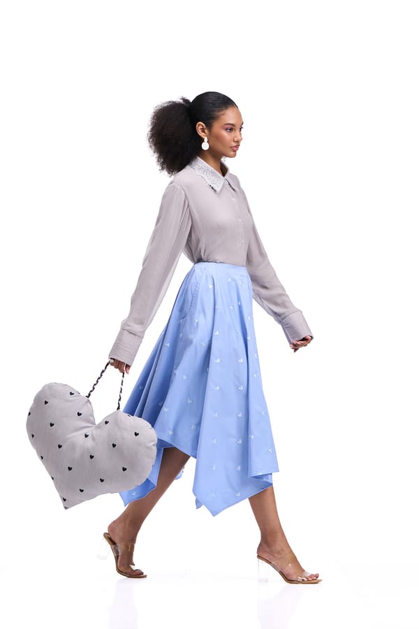 Cloud Grey Shirt and Periwinkle Embroidered Midi Skirt Set — Our Love