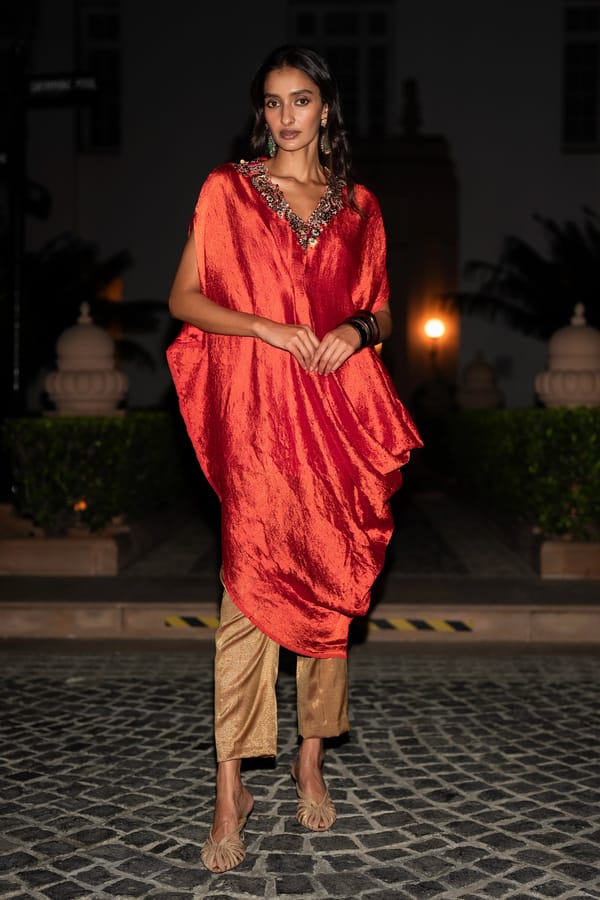 Embroidered Asymmetric Kaftan Top & Metallic — Dash and Dot