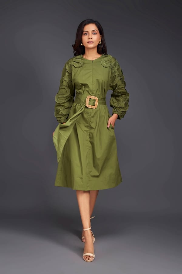 Olive Green Belted Midi Dress with Applique Sleeves — Deepika Arora