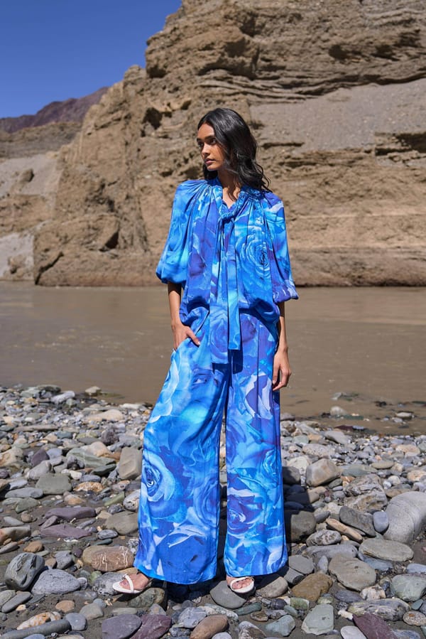 Blue Floral Flared Viscose Trousers — Dash and Dot