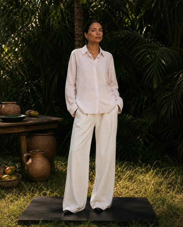 White/Pink Linen Pinstripe Shirt with Back Embroidery — Akirah