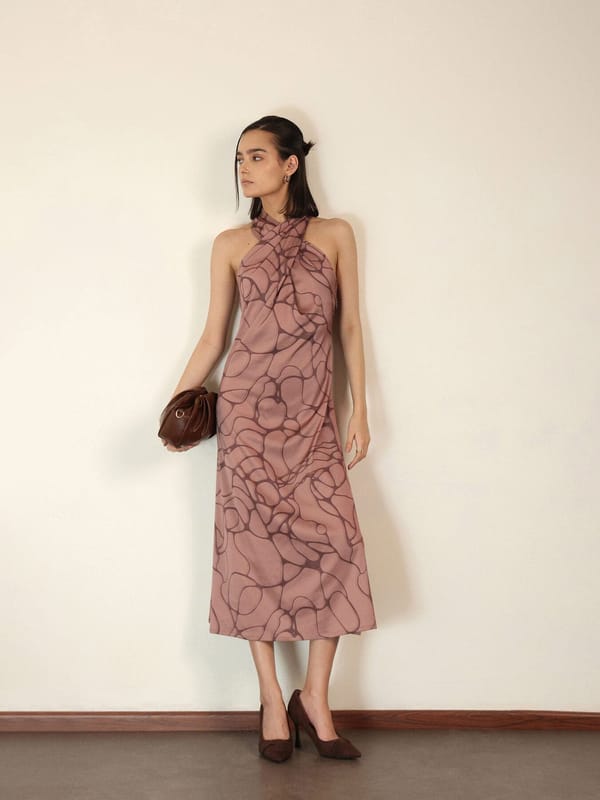 Tan Satin Halter Neck Abstract Print Midi Dress — Fable Street